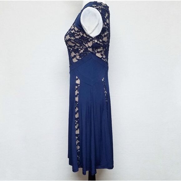 VINTAGE Candalate Navy Blue Lace Contrast Nude Sleeveless Fit & Flare Dress S - Picture 5 of 9